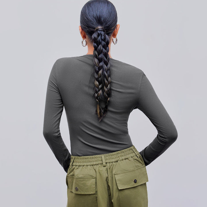Chemise à manches longues pour femmes avec un décolleté rond profond et une texture côtelée tendance Levoire