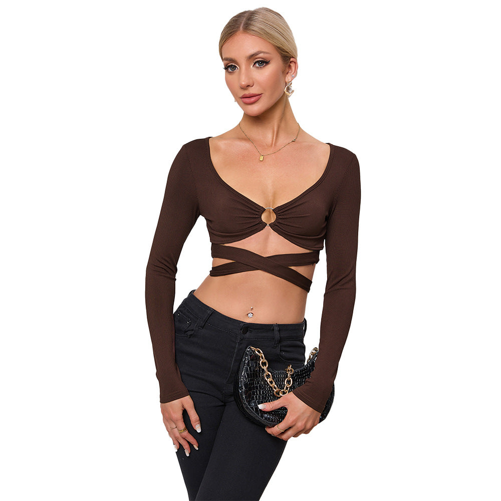 Chemise femme cropped à manches longues avec anneau décoratif et design enveloppant Levoire