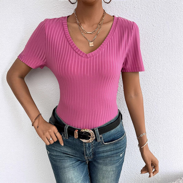 Chemisier Femme à Col V à Manches Courtes avec Structure en Fines Côtes Levoire