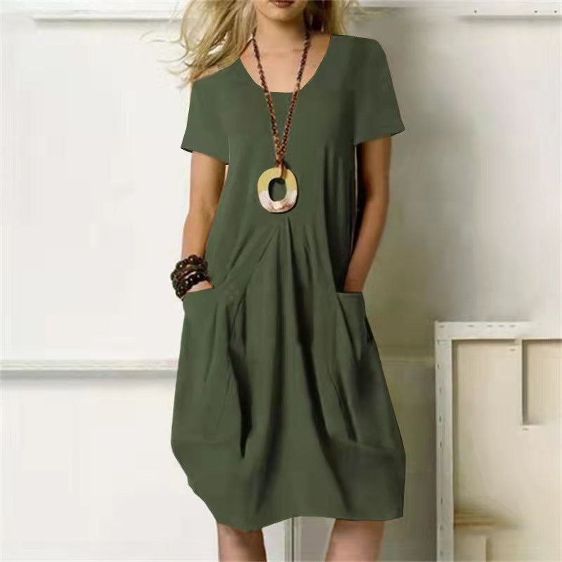 Levoire | Robe Simple Une Couleur Avec Col Rond Décontracté Et Manches Courtes Häfarbig