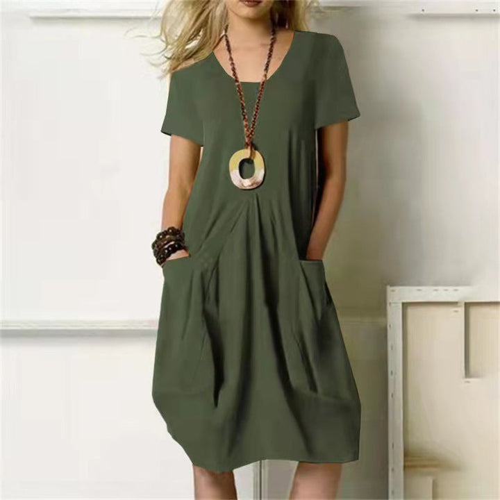 Levoire | Robe Simple Une Couleur Avec Col Rond Décontracté Et Manches Courtes Häfarbig