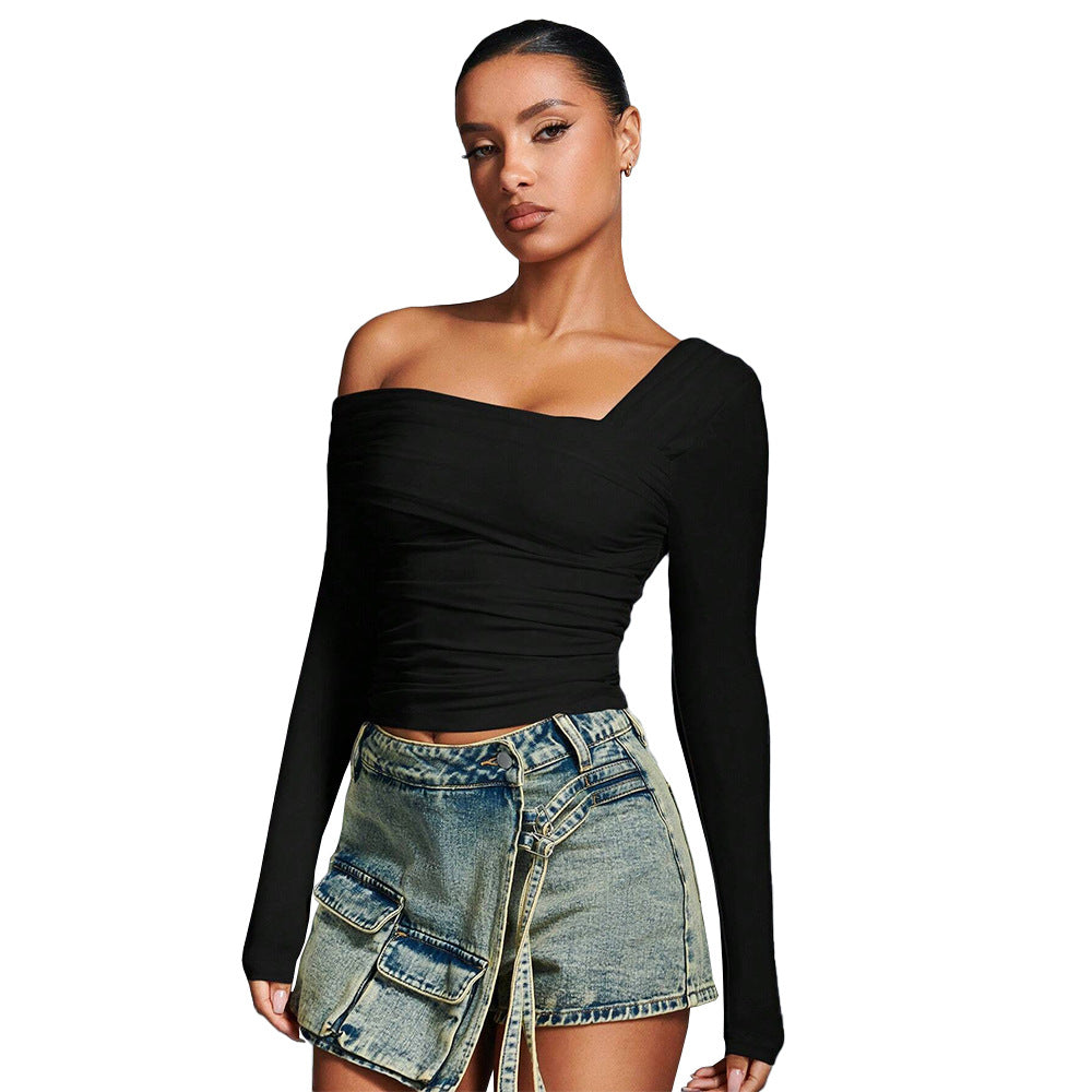 T-shirt élégant asymétrique à manches longues pour femmes avec un design de volants stylé Levoire
