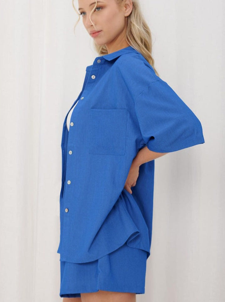 Levoire | Chemise Bleue À Col Avec Manches Courtes Et Shorts