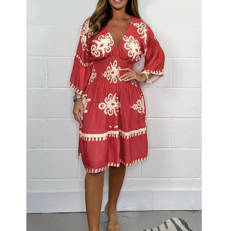 Levoire | Robe Fleur Été Fleur Trois-quarts Manches Robe Pastèque