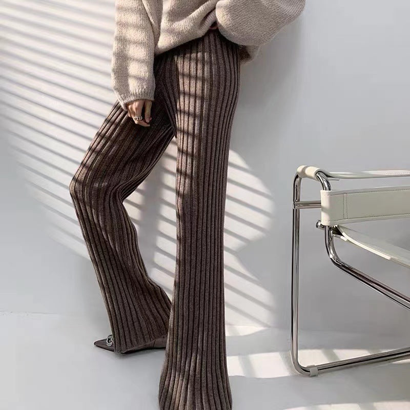 Pantalon en tricot côtelé confortable pour femme avec jambe large et taille haute Levoire
