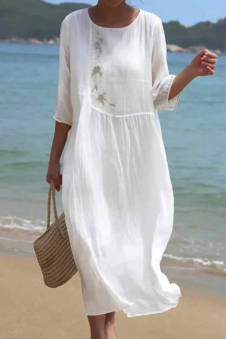Levoire | Robe Lniana à col rond et avec détail brodé Blanc