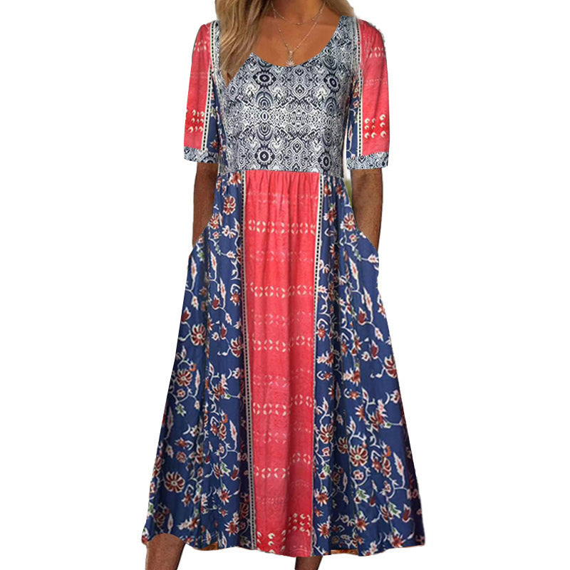 Levoire | Robe imprimée Col rond Robe à manches courtes 4-rouge Splicing
