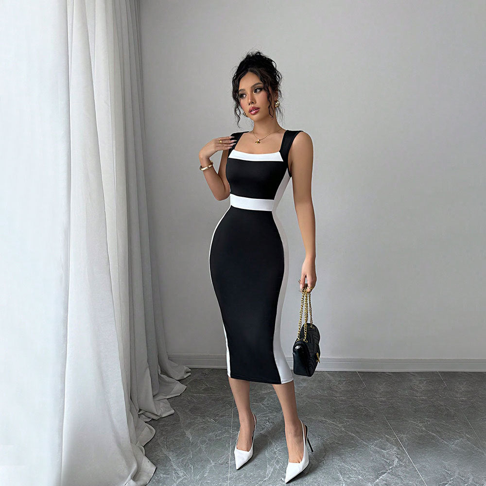 Robe midi ajustée pour femme avec coupe tendance contrastante et bretelles fines Levoire