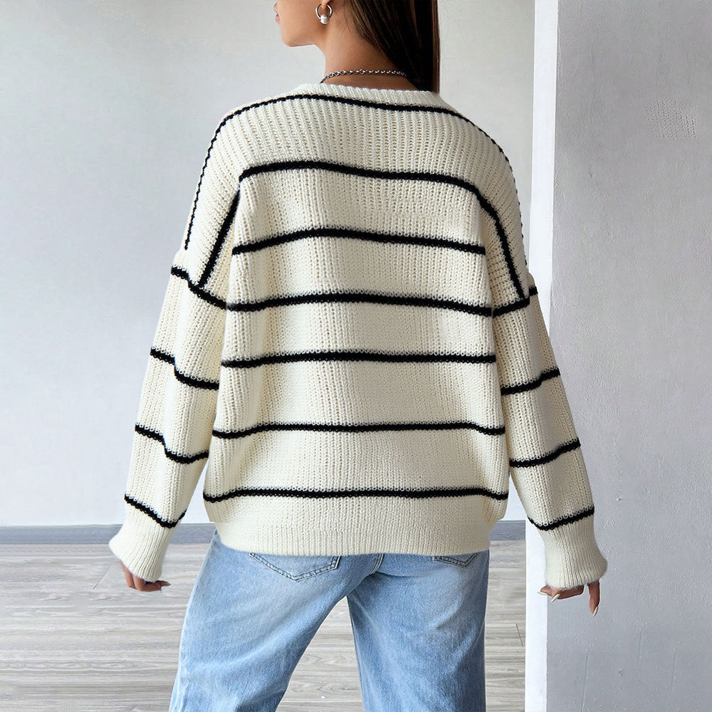 Cardigan en tricot à rayures pour femmes à manches courtes avec fermeture à boutons et poches latérales Levoire