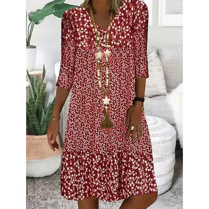 Levoire | Robe midi à col en V avec manches trois quarts à imprimé élégant Rot
