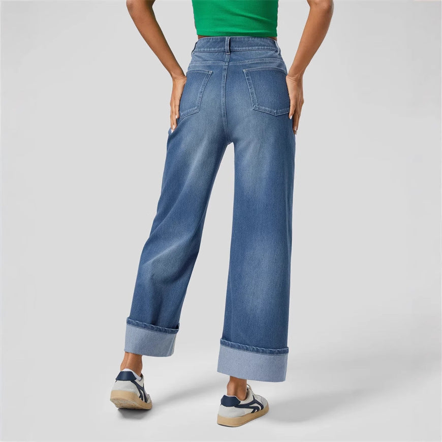 Pantalons en denim à large coupe pour femmes avec ourlet à revers Levoire