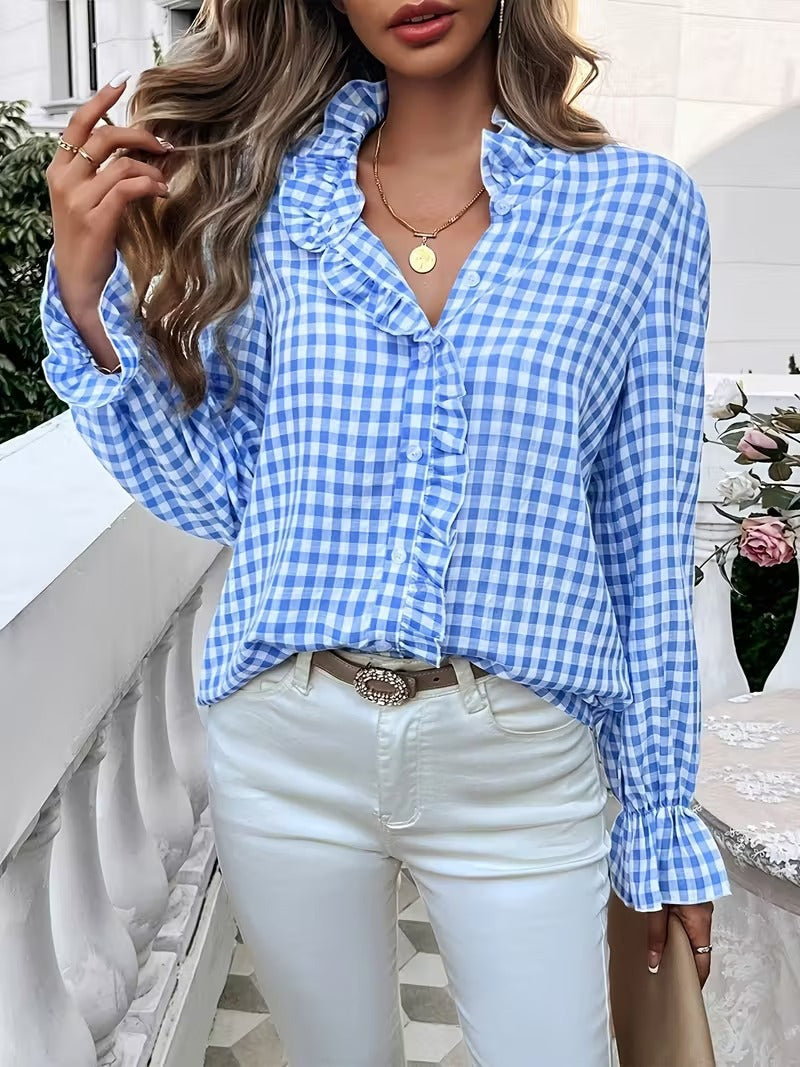 Blouse à volants à carreaux pour femmes avec col montant, patte de boutonnage cachée et manches en cloche Avriane