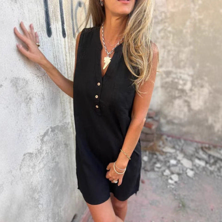 Levoire | Robe en lin Décontractée H ample Sans manches Robe en lin Noir