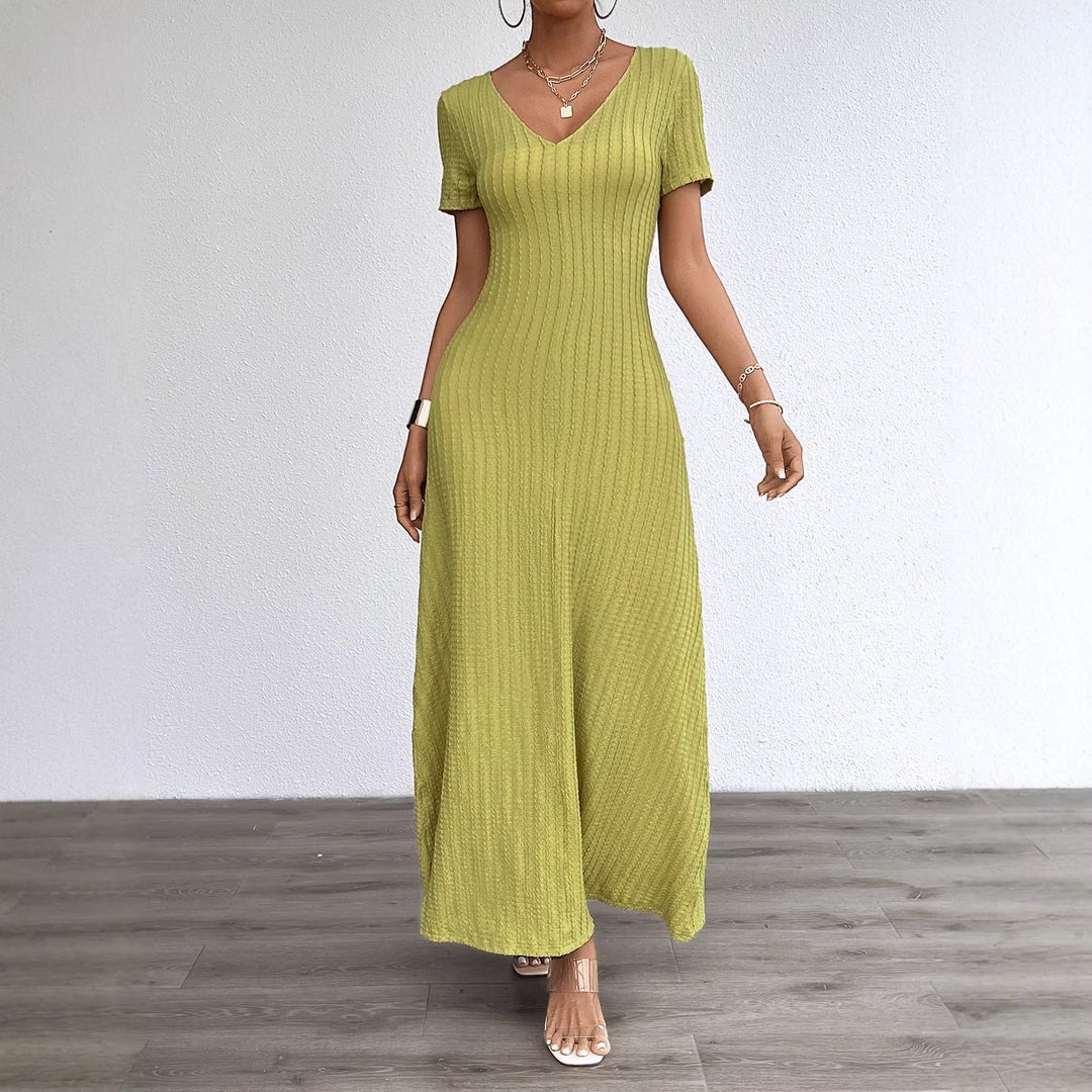 Robe maxi à manches longues pour femmes avec col en V élégant et texture côtelée Levoire