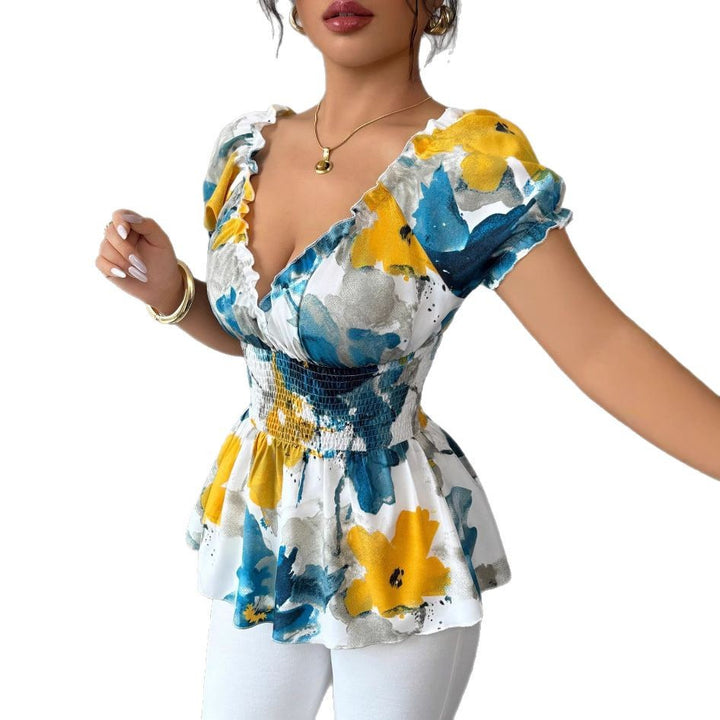 Blouse femme avec volants floraux et taille élastique Levoire