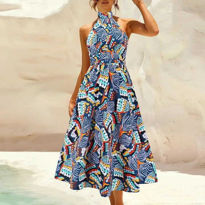 Levoire | Robe sans manches pour femmes avec col montant en tissu imprimé vert émeraude