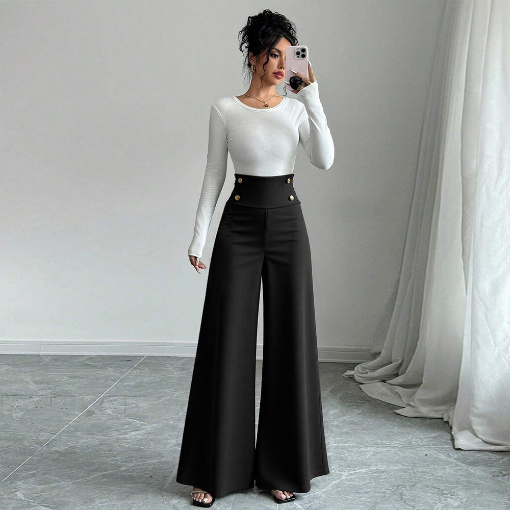 Pantalons Palazzo larges pour femmes avec taille haute et détails de bouton décoratif Levoire