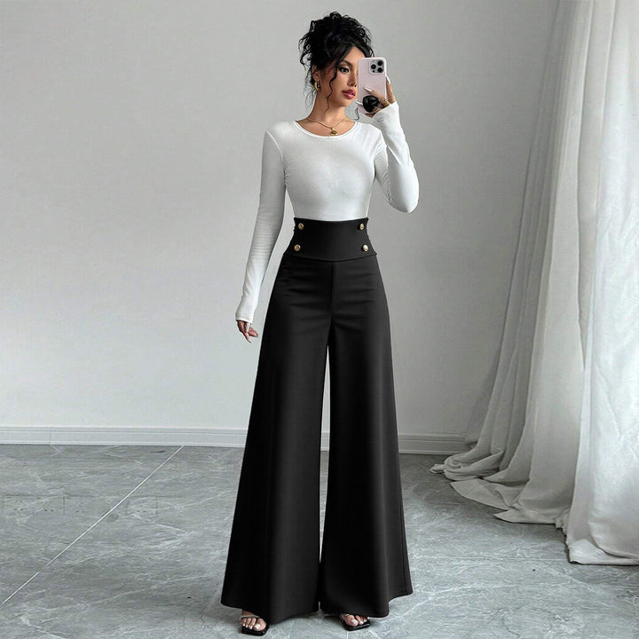 Pantalons Palazzo larges pour femmes avec taille haute et détails de bouton décoratif Levoire