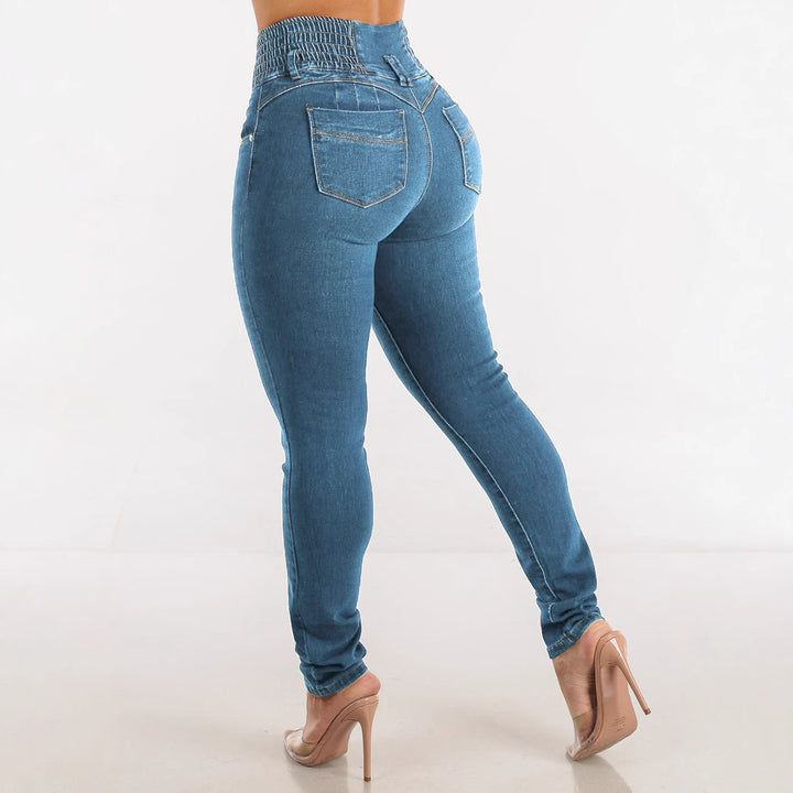 Jeans skinny taille haute pour femmes avec ceinture élastique et boutons décoratifs Levoire
