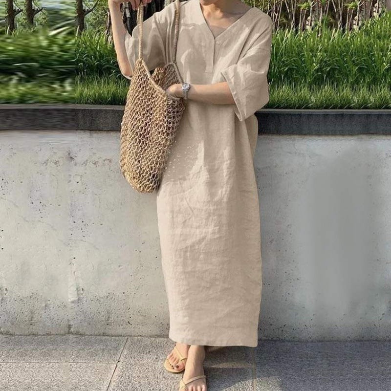 Levoire | Robe en lin en coton à encolure en V Helles Kaki