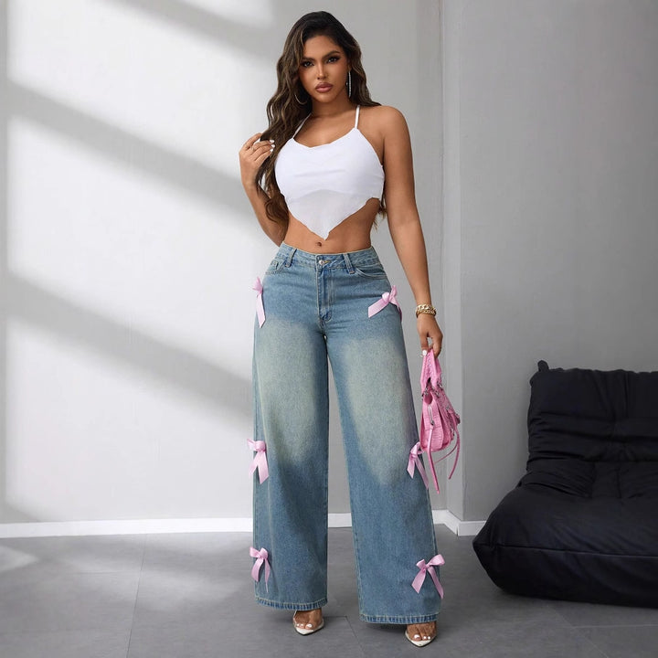Jeans larges femmes taille haute avec appliqués en forme de nœud décoratifs Levoire