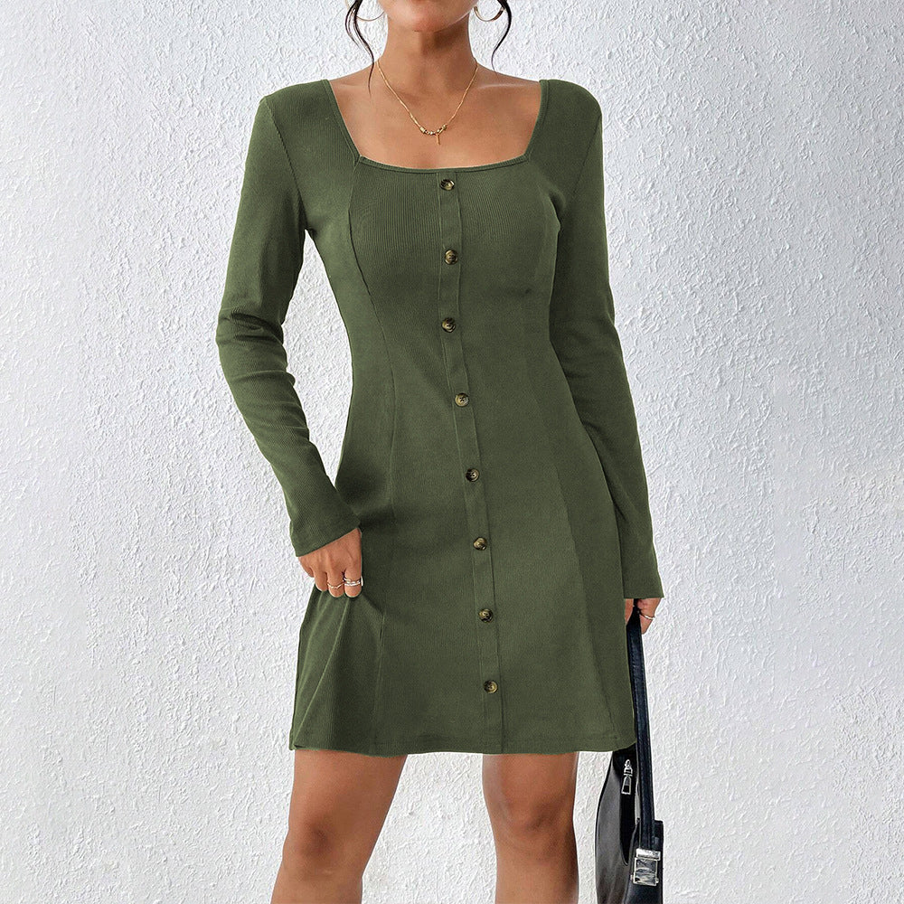 Robe à boutonnière pour femmes avec manches longues et décolleté carré Levoire