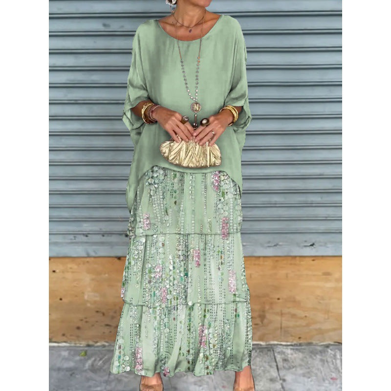 Levoire | Élégante Robe Longue à Manches Batwing et Col Ronde pour Femme Impression vert clair