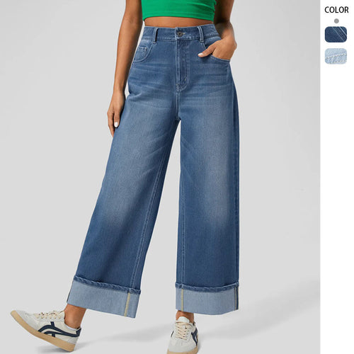 Pantalons en denim à large coupe pour femmes avec ourlet à revers Levoire