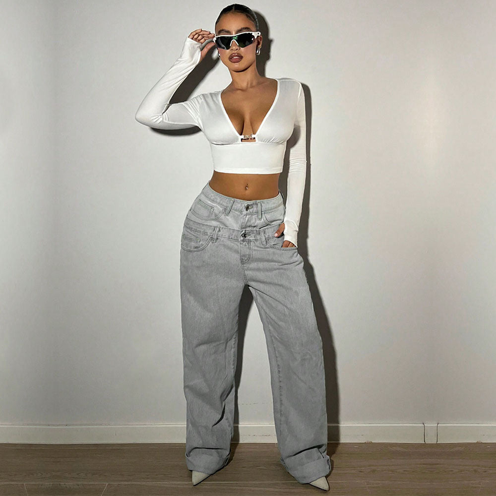 Haut à manches longues cropped pour femmes avec décolleté en V profond et boucle décorative Levoire