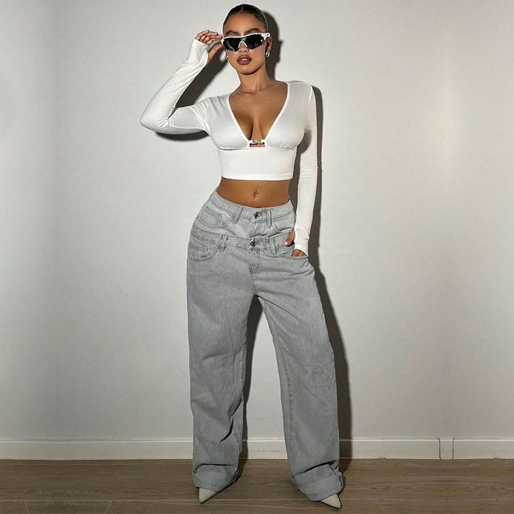 Haut à manches longues cropped pour femmes avec décolleté en V profond et boucle décorative Levoire