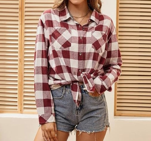 Blouse en flanelle à carreaux pour femme avec détail de nœud Levoire