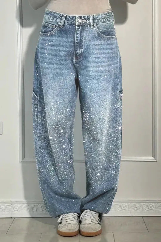 Jeans baggy décontractés pour femmes avec appliqués scintillants Levoire