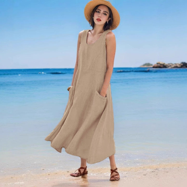 Levoire | Robe en lin Sac d'été Sans manches Col rond Robe Kaki