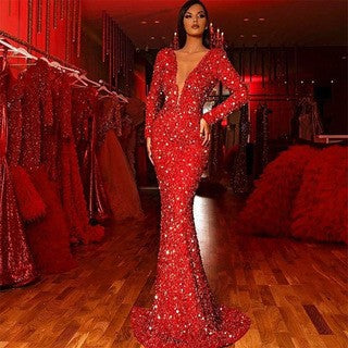 Levoire | Brillant Longue Manche-V décolleté Robe Longue Rot