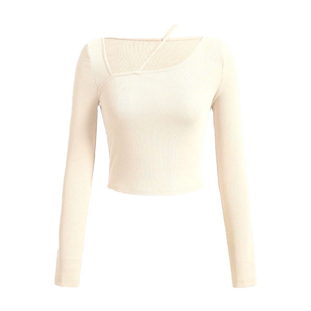 Chemise courte à manches longues pour femmes avec encolure asymétrique et texture fine côtelée Levoire