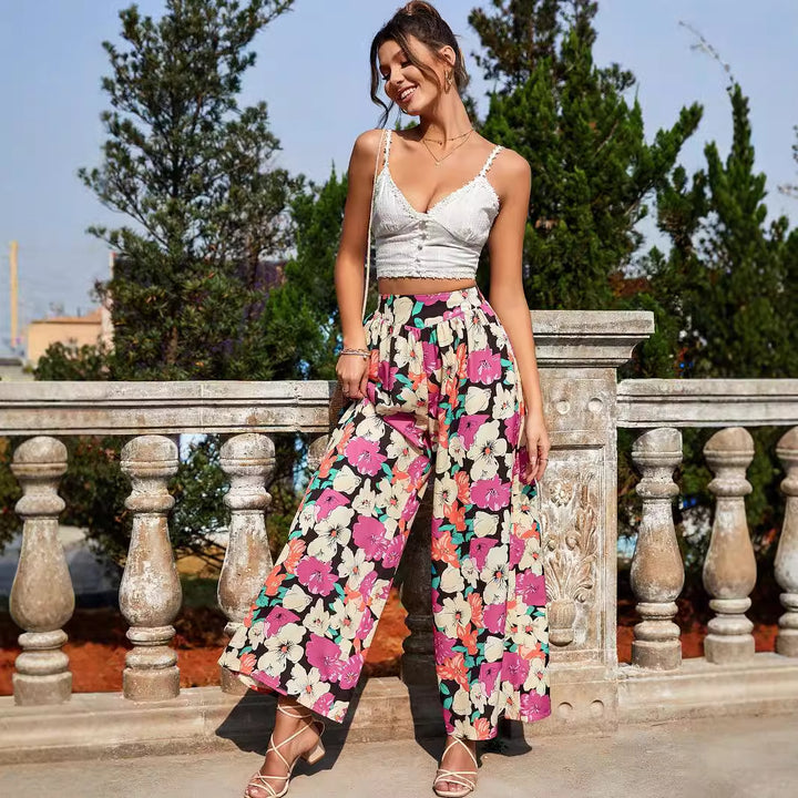 Pantalons palazzo légers pour femmes avec motif floral coloré et taille élastique Levoire