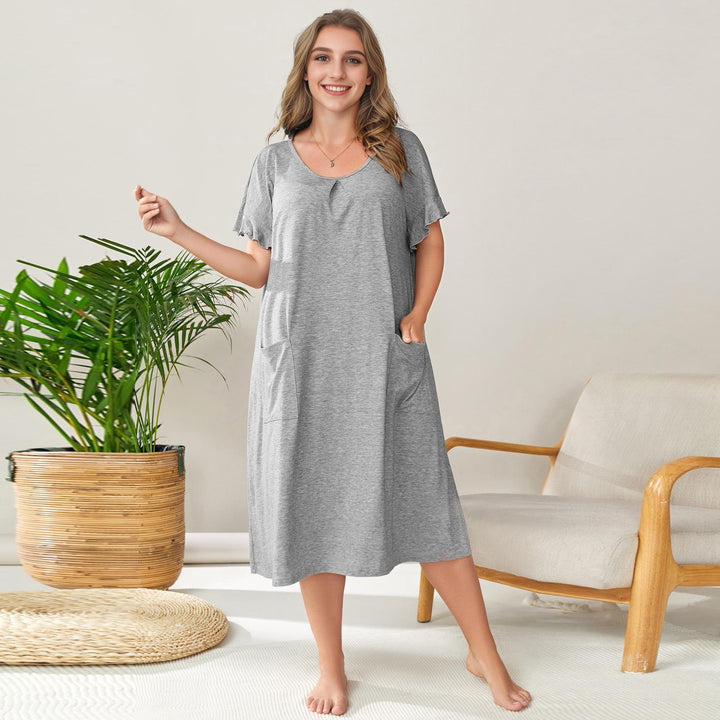 Levoire | Robe de nuit Plus Size Coton Robe de poche Robe légère à fleurs grises