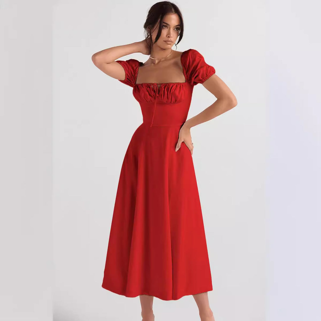 Robe Midi Élégante Femme avec Manches Bouffantes et Encolure Raffinée Levoire