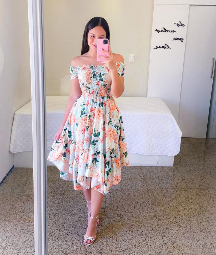 Levoire | Robe mi-longue sans manches élégante avec imprimé Fleur orange