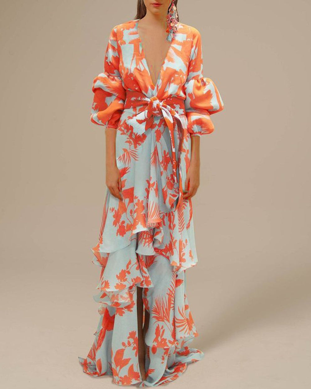 Levoire | Robe De Fête En Chiffon Fleuri Avec Volants Pour Femmes Orange
