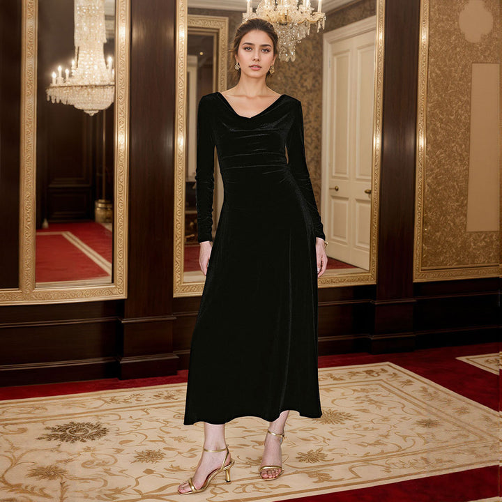 Robe maxi élégante pour femmes avec encolure drapée flatteuse et manches longues Levoire