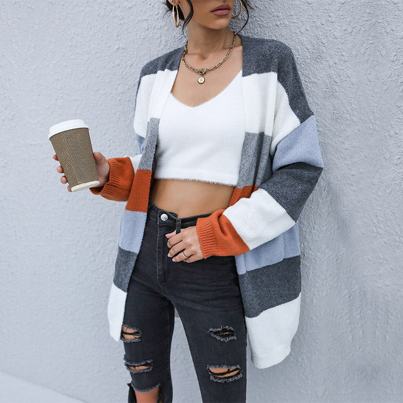 Cardigan en tricot ouvert pour femme avec rayures en blocs de couleur et matériau doux Levoire
