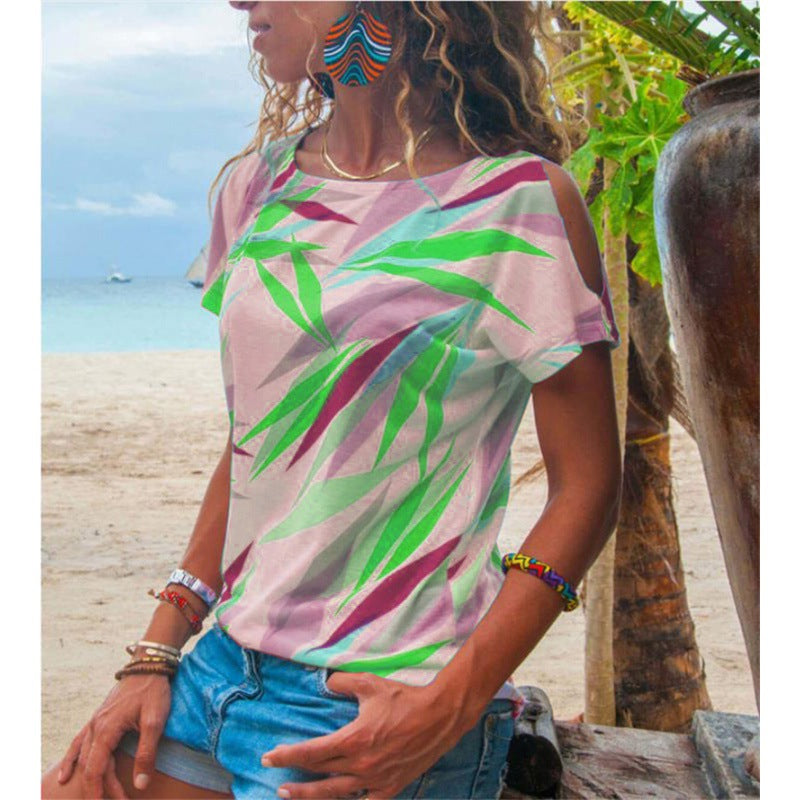T-shirt pour femme avec coupe asymétrique et motif de feuilles colorées Levoire