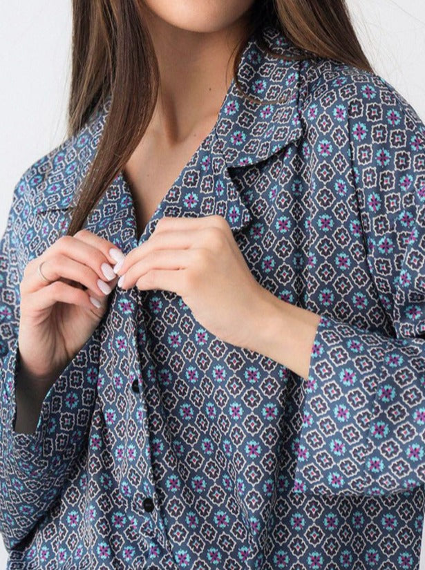 Levoire | Chemise De Nuit Imprimée Avec Col Manches Longues Haut Et Pantalon