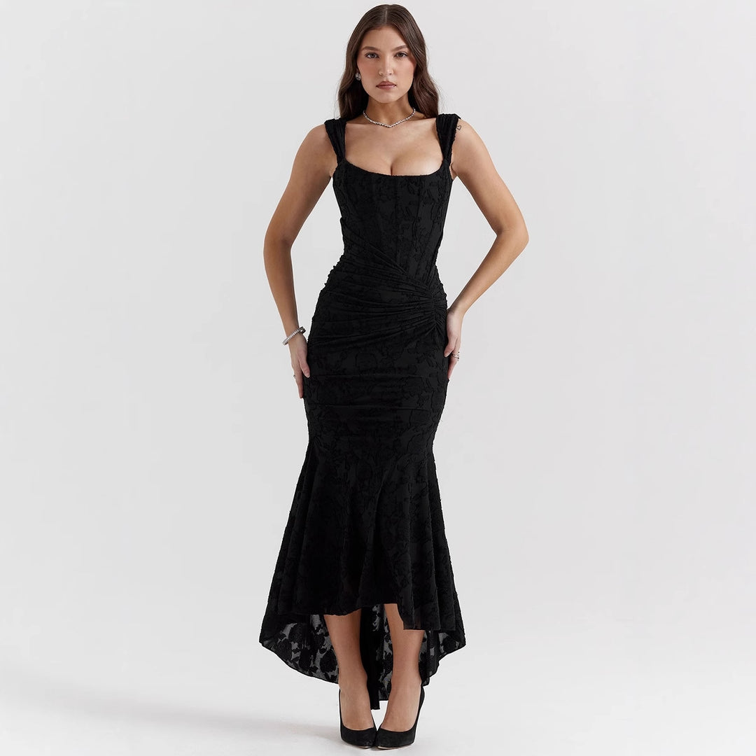 Robe Maxi Bateau Élegante pour Femmes avec Texture Florale et Ourlet Asymétrique Levoire