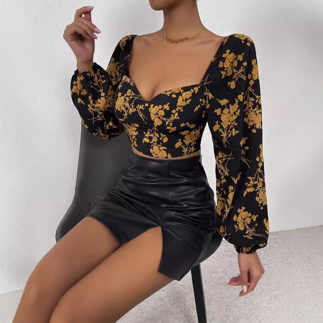 Haut court pour femmes avec motif floral et élégante manche bouffante Levoire