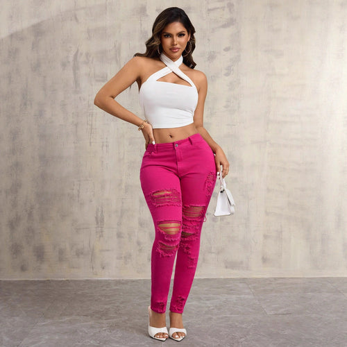 Jean Skinny Casual Femme avec Détails Effilés et Taille Haute Levoire