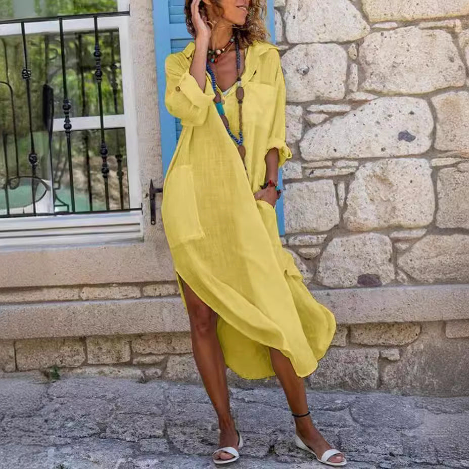 Levoire | T-shirt-robe Coton Lin Manches Longues Robe Jaune