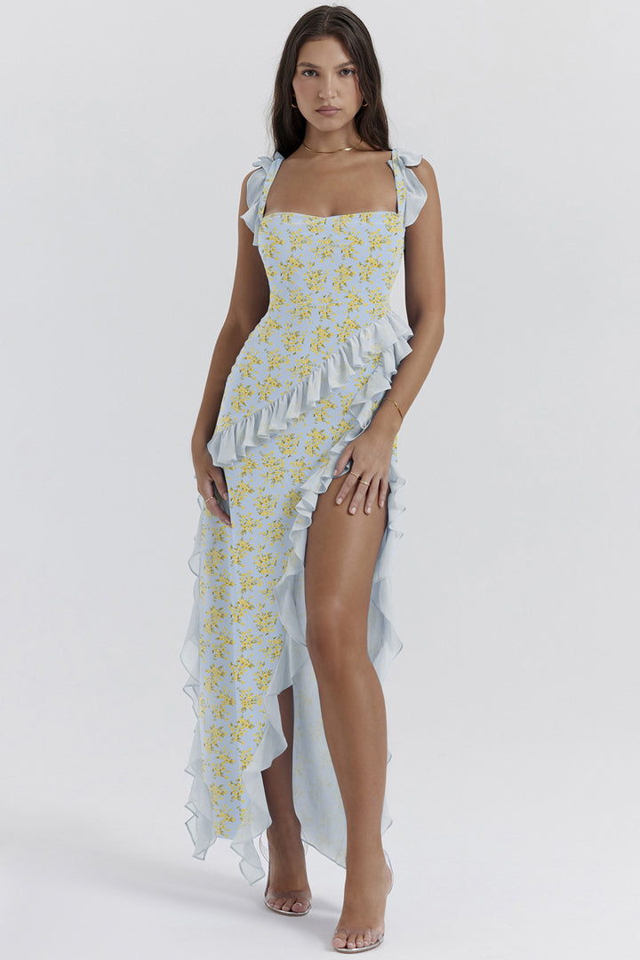 Robe asymétrique élégante pour femmes avec détails en volants et motif floral Levoire