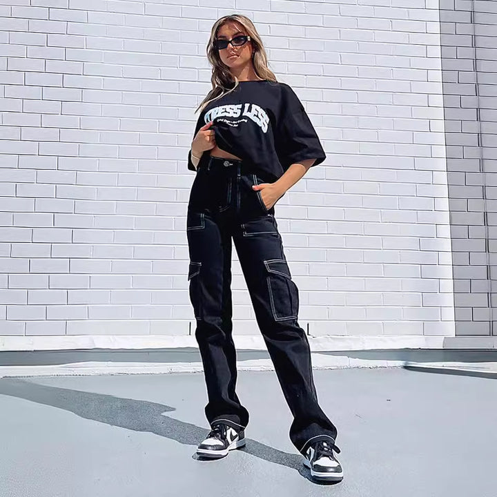 Pantalons cargo pour femmes au style urbain décontracté avec taille haute et poches latérales pratiques Levoire